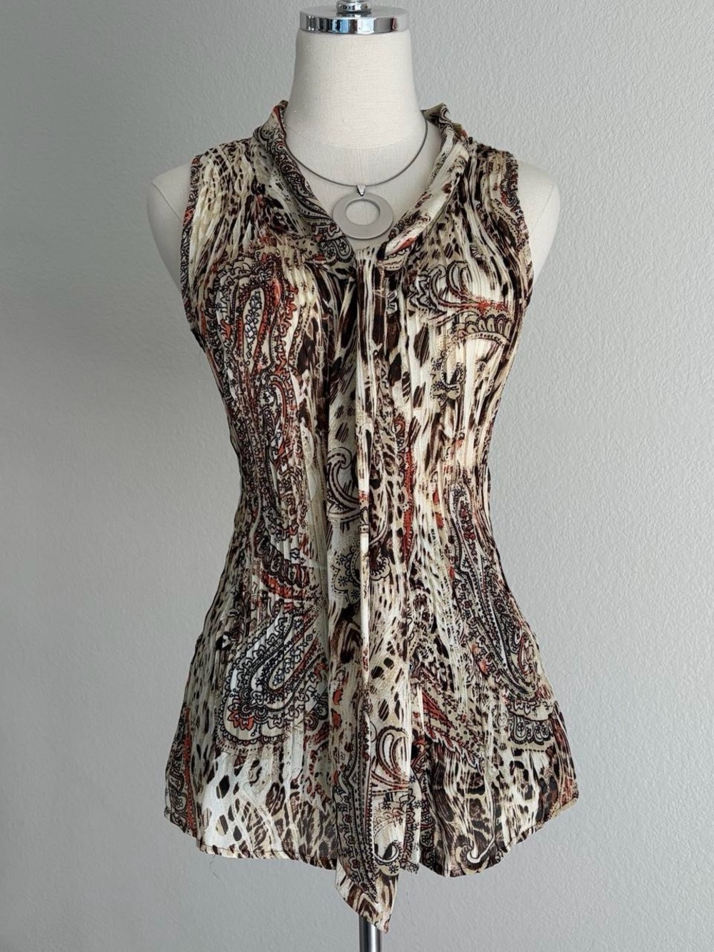 Fred David Brown and Cream Paisley Tie-Neck Sleeveless Top